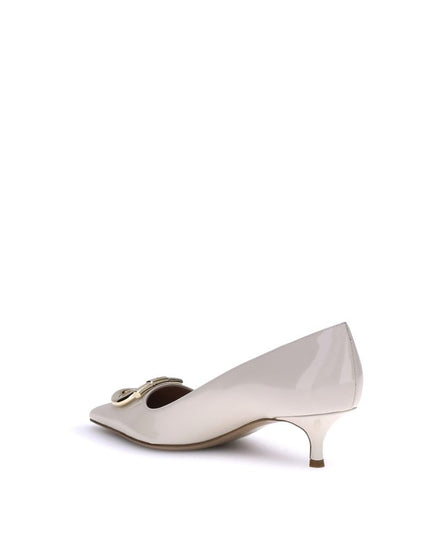 Ferragamo Cream Calf Leather Bos Taurus Mid Heel Pumps