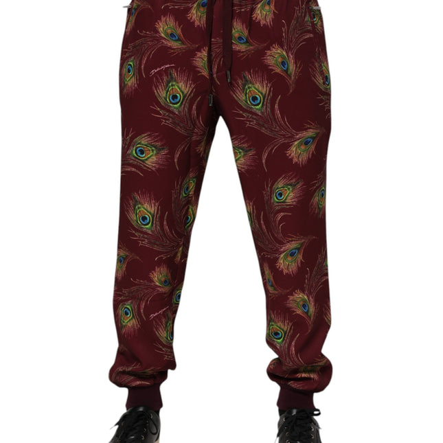 Dolce & Gabbana Burgundy Peacock Feather Print Jogger Pants