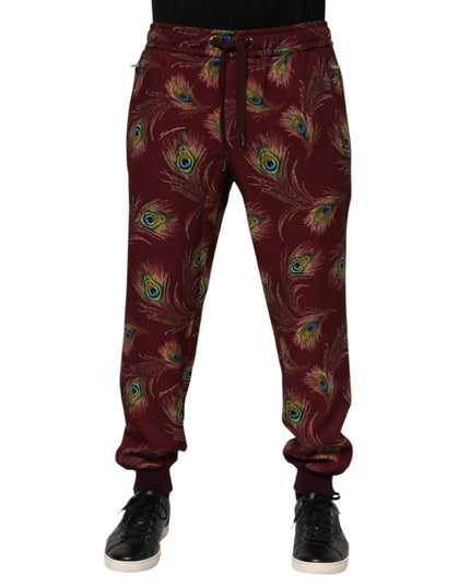 Dolce & Gabbana Burgundy Peacock Feather Print Jogger Pants