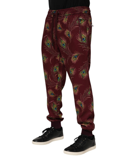 Dolce & Gabbana Burgundy Peacock Feather Print Jogger Pants