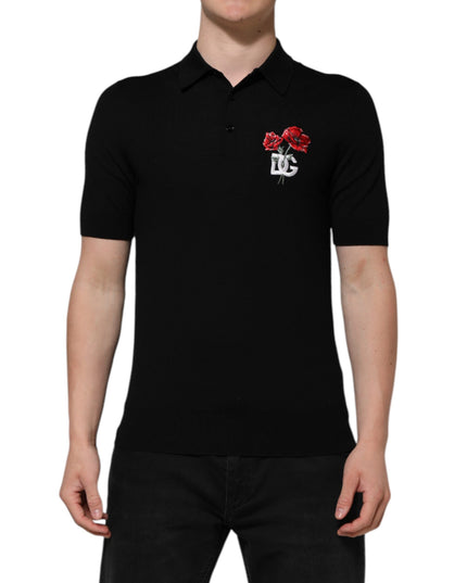 Dolce & Gabbana Black Wool DG Logo Rose Collared Polo T-shirt