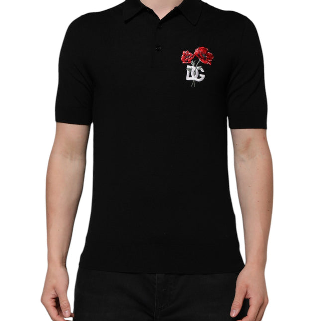 Dolce & Gabbana Black Wool DG Logo Rose Collared Polo T-shirt