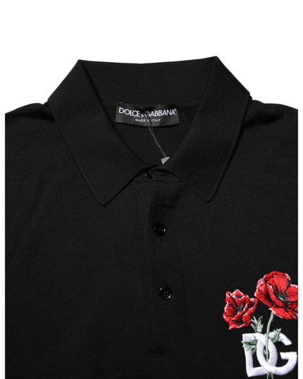 Dolce & Gabbana Black Wool DG Logo Rose Collared Polo T-shirt