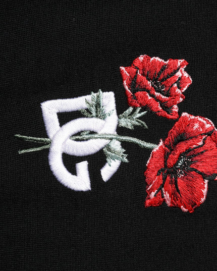 Dolce & Gabbana Black Wool DG Logo Rose Collared Polo T-shirt