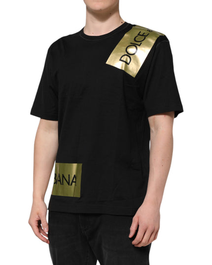 Dolce & Gabbana Black Logo Tape Cotton Men Crew Neck T-shirt