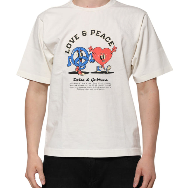 Dolce & Gabbana White Love Peace Cotton Men Crew Neck T-shirt