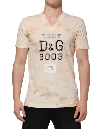 Dolce & Gabbana Beige Logo Print Short Sleeve V-neck T-shirt
