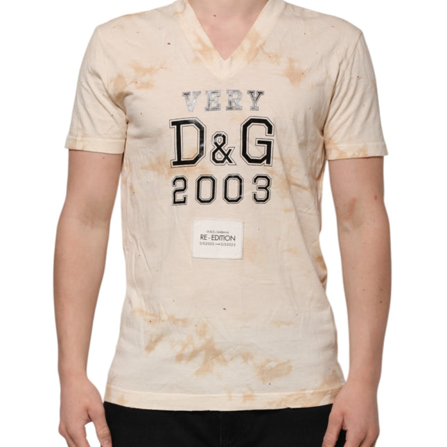 Dolce & Gabbana Beige Logo Print Short Sleeve V-neck T-shirt