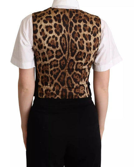 Dolce & Gabbana Black Brown Leopard Print Waistcoat Vest