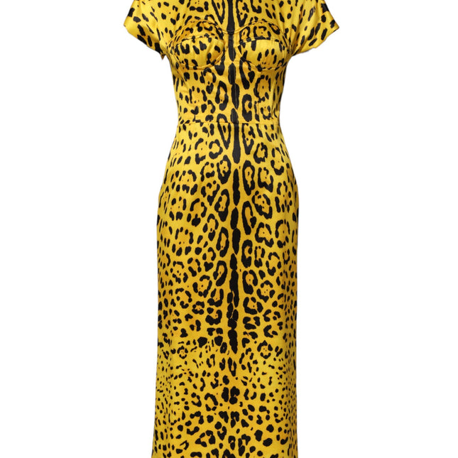 Dolce & Gabbana Yellow Polyester Leopard Midi Sheath Dress