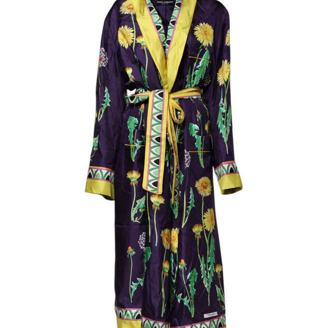 Dolce & Gabbana Blue Floral Print Silk Long Sleeves Wrap Robe