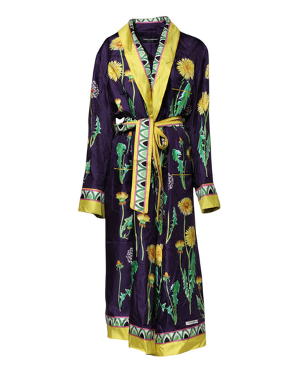 Dolce & Gabbana Blue Floral Print Silk Long Sleeves Wrap Robe