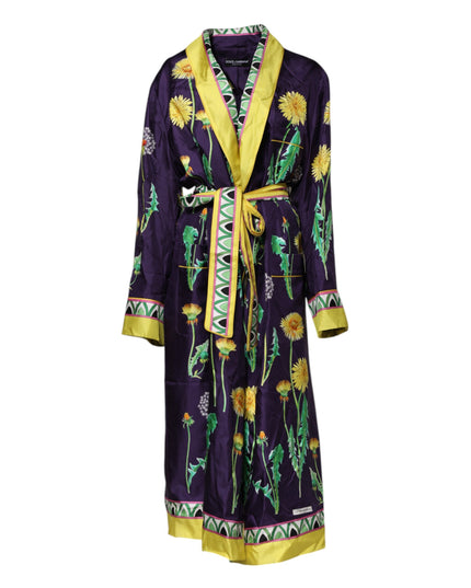 Dolce & Gabbana Blue Floral Print Silk Long Sleeves Wrap Robe