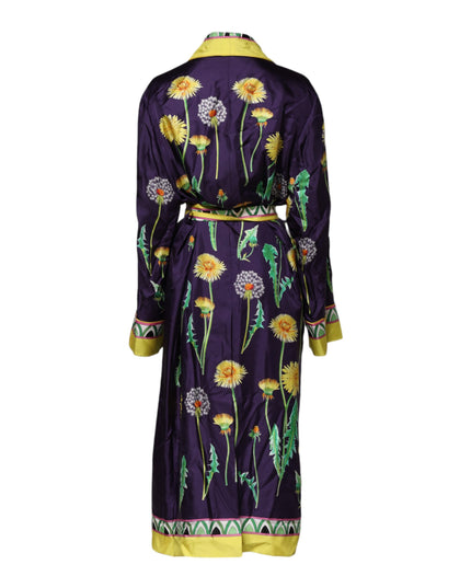 Dolce & Gabbana Blue Floral Print Silk Long Sleeves Wrap Robe