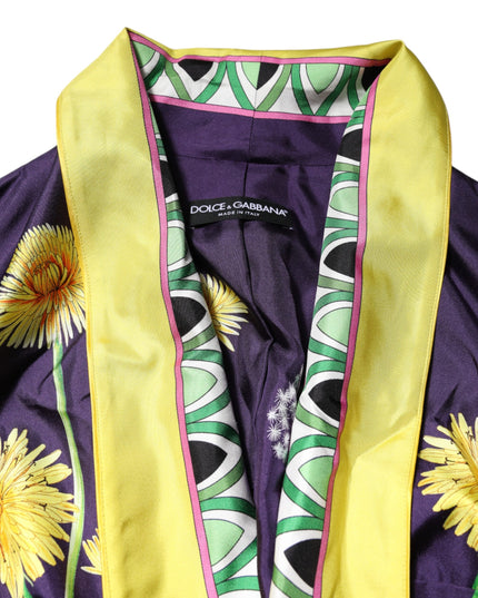 Dolce & Gabbana Blue Floral Print Silk Long Sleeves Wrap Robe