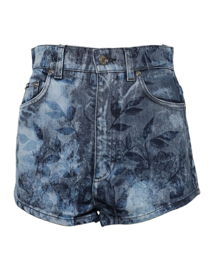 Dolce & Gabbana Blue Floral Print Denim Cotton Hot Pants Shorts
