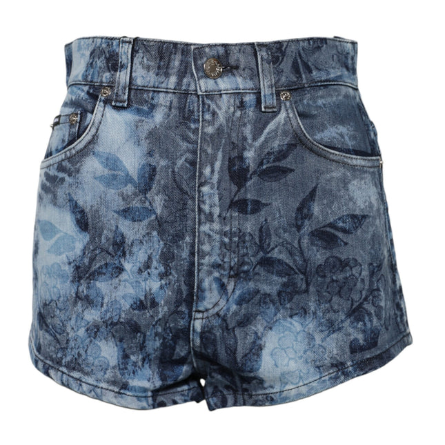 Dolce & Gabbana Blue Floral Print Denim Cotton Hot Pants Shorts
