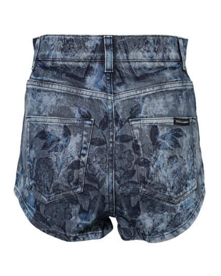 Dolce & Gabbana Blue Floral Print Denim Cotton Hot Pants Shorts