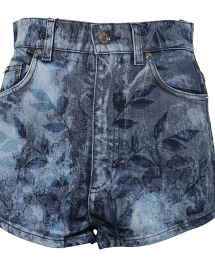 Dolce & Gabbana Blue Floral Print Denim Cotton Hot Pants Shorts