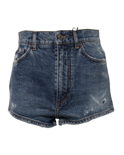 Dolce & Gabbana Blue Tattered Denim Cotton Hot Pants Shorts
