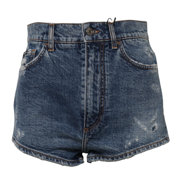 Dolce & Gabbana Blue Tattered Denim Cotton Hot Pants Shorts
