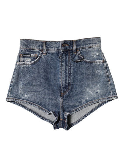 Dolce & Gabbana Blue Tattered Denim Cotton Hot Pants Shorts