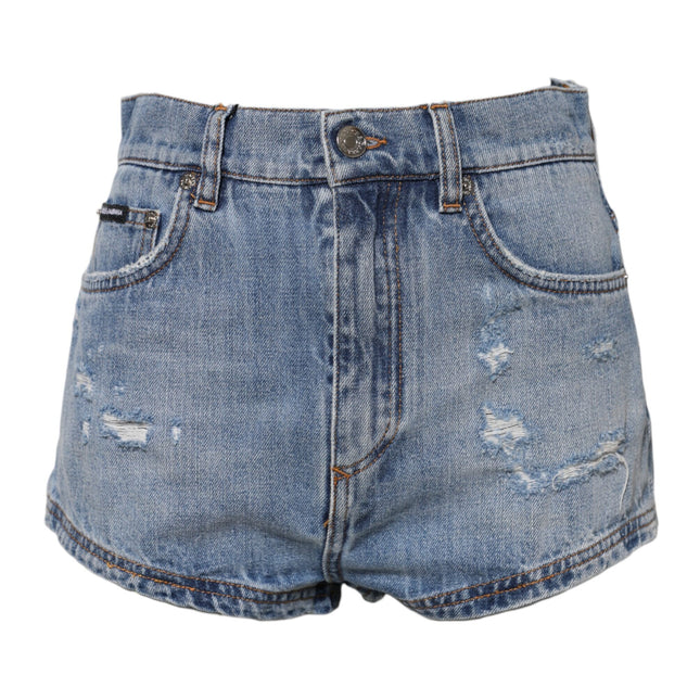 Dolce & Gabbana Blue Logo Plaque Denim Cotton Hot Pants Shorts