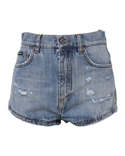 Dolce & Gabbana Blue Logo Plaque Denim Cotton Hot Pants Shorts