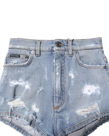 Dolce & Gabbana Blue Tattered Denim Cotton Hot Pants Shorts