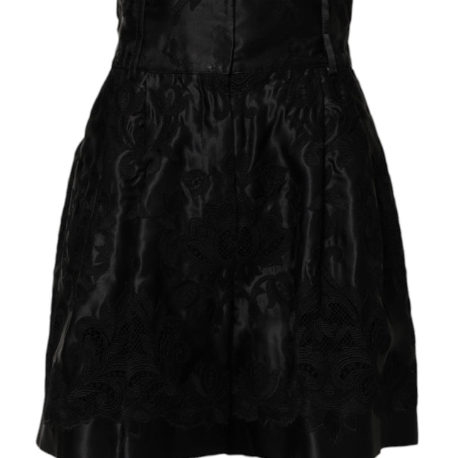 Dolce & Gabbana Black Floral Embroidery Silk High Waist Shorts