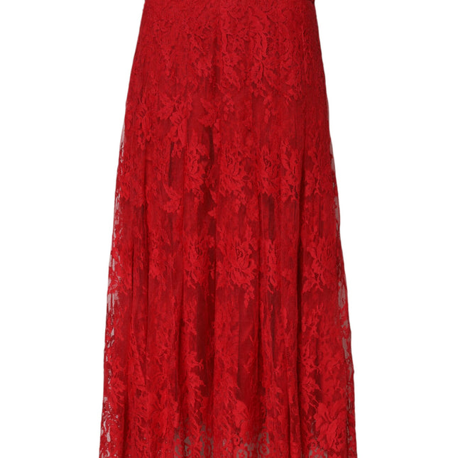 Dolce & Gabbana Red Cotton Floral Lace A-line Long Maxi Skirt
