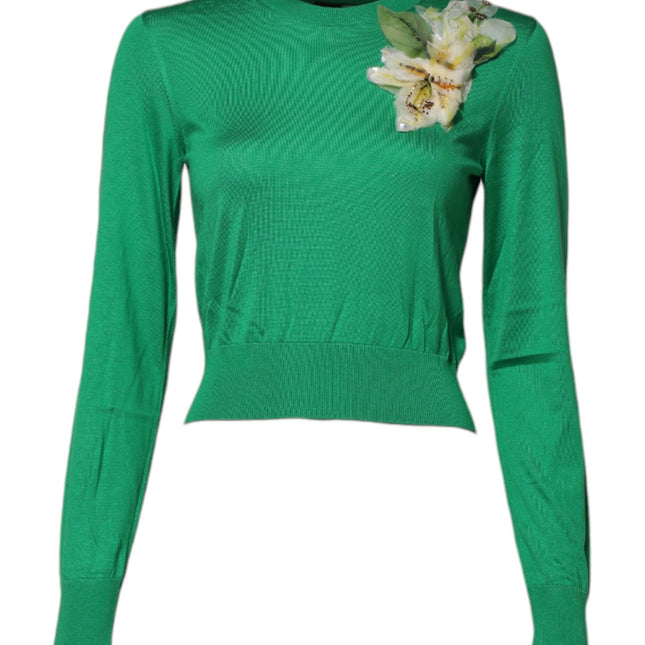 Dolce & Gabbana Green Floral Detailing Silk Pullover Sweater