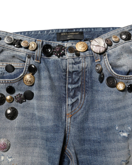 Dolce & Gabbana Blue Embellished Tattered SkinnyDenim Jeans