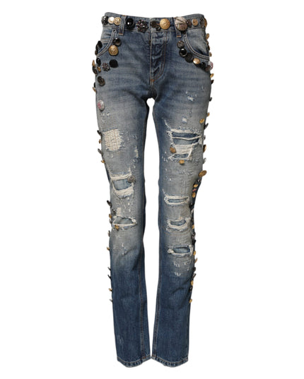 Dolce & Gabbana Blue Embellished Tattered SkinnyDenim Jeans