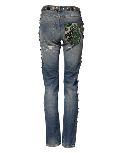 Dolce & Gabbana Blue Embellished Tattered SkinnyDenim Jeans