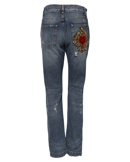 Dolce & Gabbana Blue Cotton Tattered Mid Waist Denim Jeans