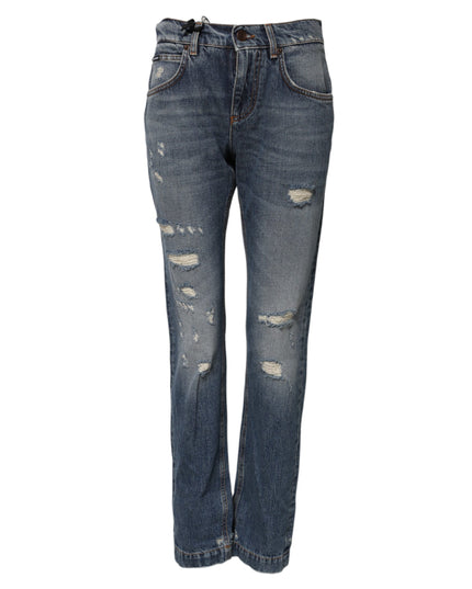 Dolce & Gabbana Blue Cotton Tattered Mid Waist Denim Jeans