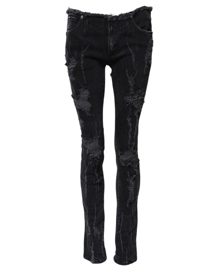 Dolce & Gabbana Black Cotton Tattered Skinny Denim Jeans