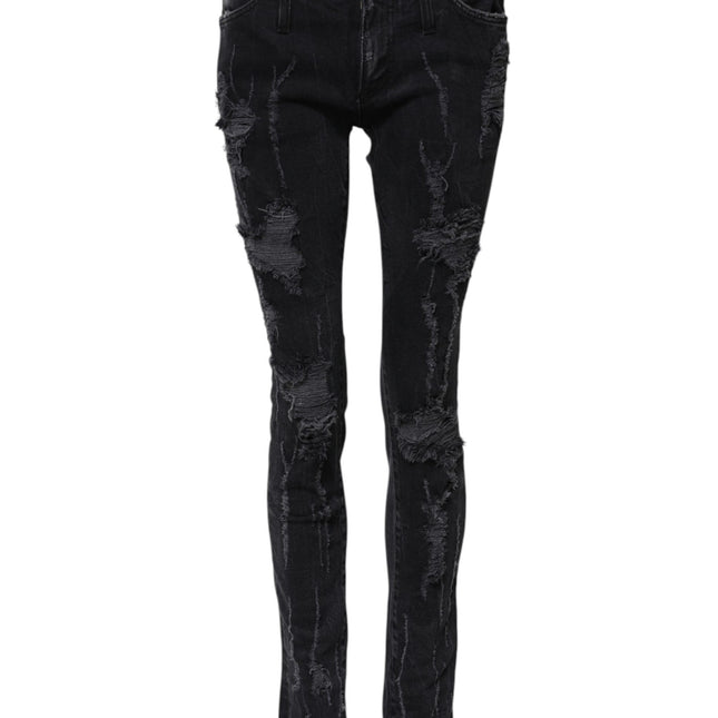 Dolce & Gabbana Black Cotton Tattered Skinny Denim Jeans