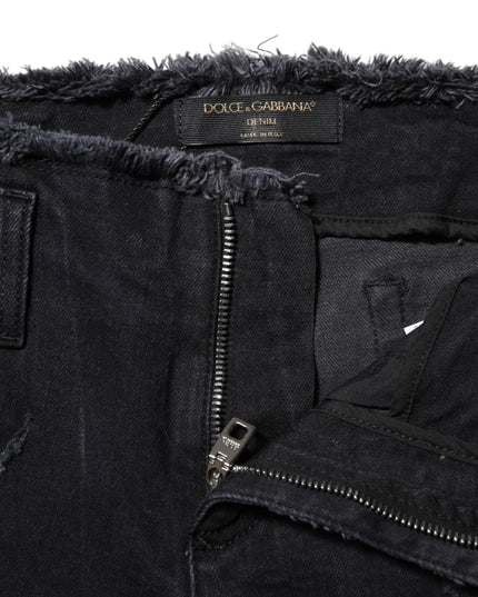 Dolce & Gabbana Black Cotton Tattered Skinny Denim Jeans