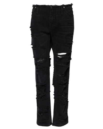 Dolce & Gabbana Black Cotton Tattered Mid Waist Denim Jeans