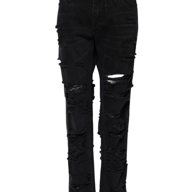 Dolce & Gabbana Black Cotton Tattered Mid Waist Denim Jeans