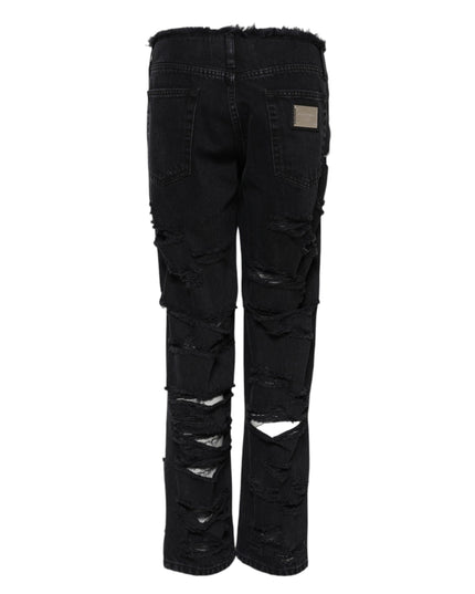 Dolce & Gabbana Black Cotton Tattered Mid Waist Denim Jeans