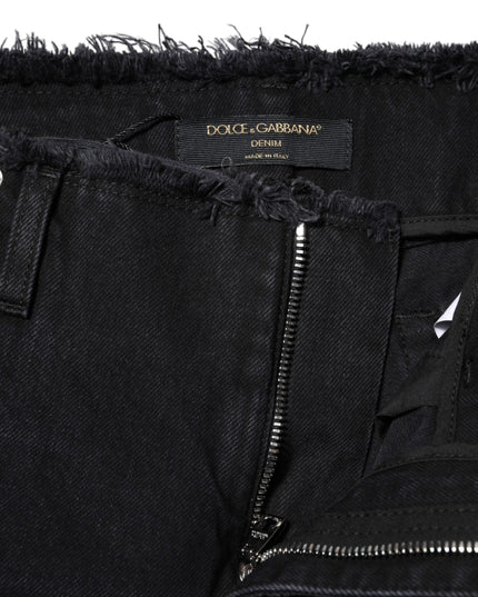 Dolce & Gabbana Black Cotton Tattered Mid Waist Denim Jeans