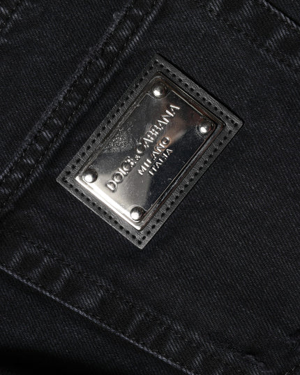 Dolce & Gabbana Black Cotton Tattered Mid Waist Denim Jeans