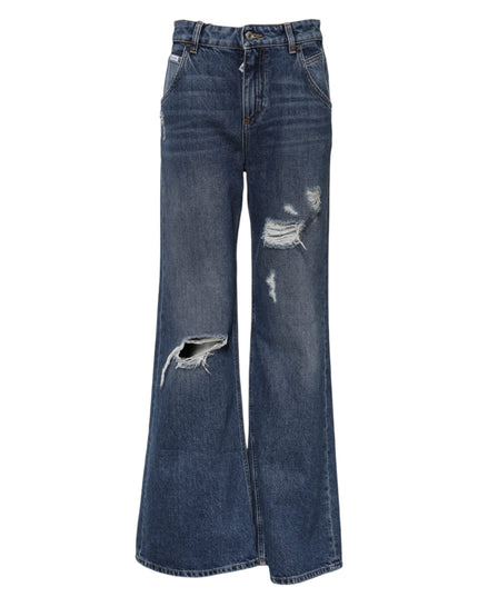 Dolce & Gabbana Blue Cotton Wide Leg Tattered Denim Jeans