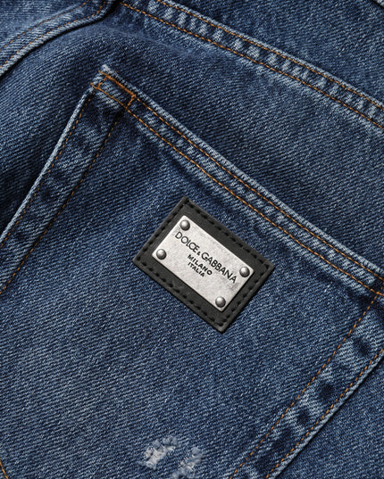 Dolce & Gabbana Blue Cotton Wide Leg Tattered Denim Jeans