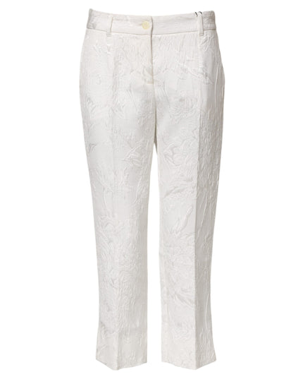Dolce & Gabbana White Cotton Floral Jacquard Pants
