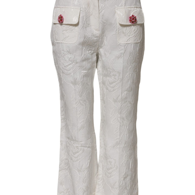 Dolce & Gabbana White Cotton Floral Jacquard Pants
