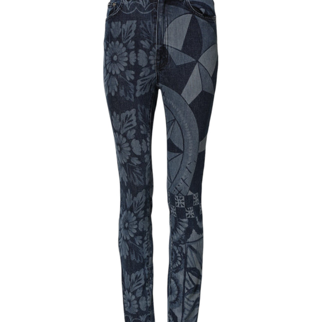 Dolce & Gabbana Blue Graphic Print Cotton Skinny Denim Jeans